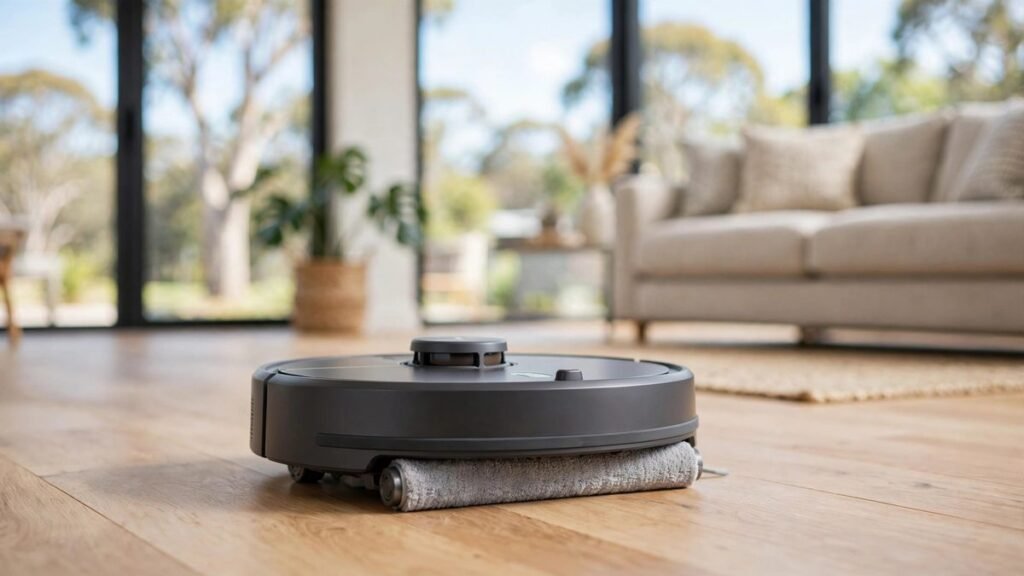 Ecovacs Deebot X12S OmniCyclone robot vacuum with roller mop cleaning a hard floor in a modern Australian living room