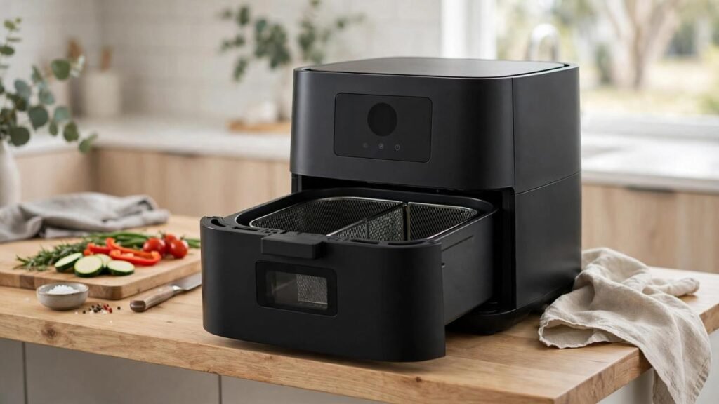 Black Tefal Dual Easy Fry Flex 9L air fryer with FlexCook divider, split-zone basket and viewing window on a kitchen bench