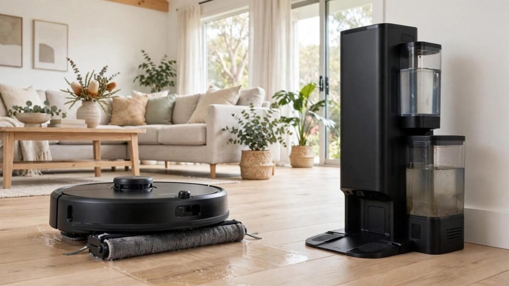 Black Mova Z60 Ultra Roller Complete robot vacuum with roller mop next to its tall base station with water tanks in a bright Australian living room