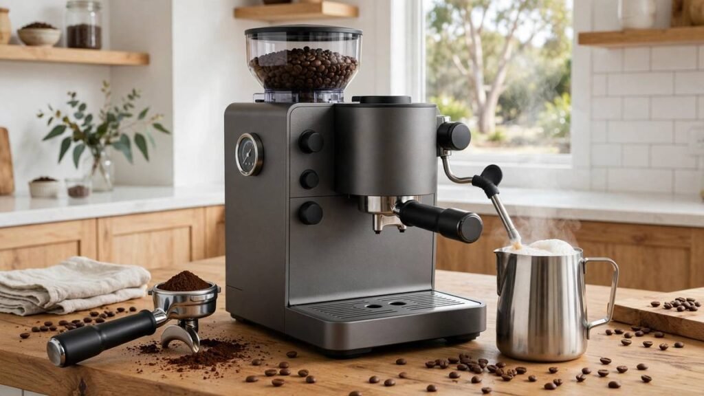 Graphite Sunbeam Origins Sense espresso machine with built-in grinder and steam wand frothing milk in a jug on a modern kitchen bench