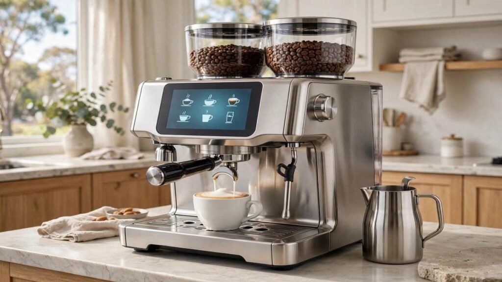 Stainless steel Ninja AutoBarista Pro fully automatic espresso machine with dual bean hoppers and touchscreen dispensing a latte into a white cup beside a steel milk jug on a bright kitchen bench