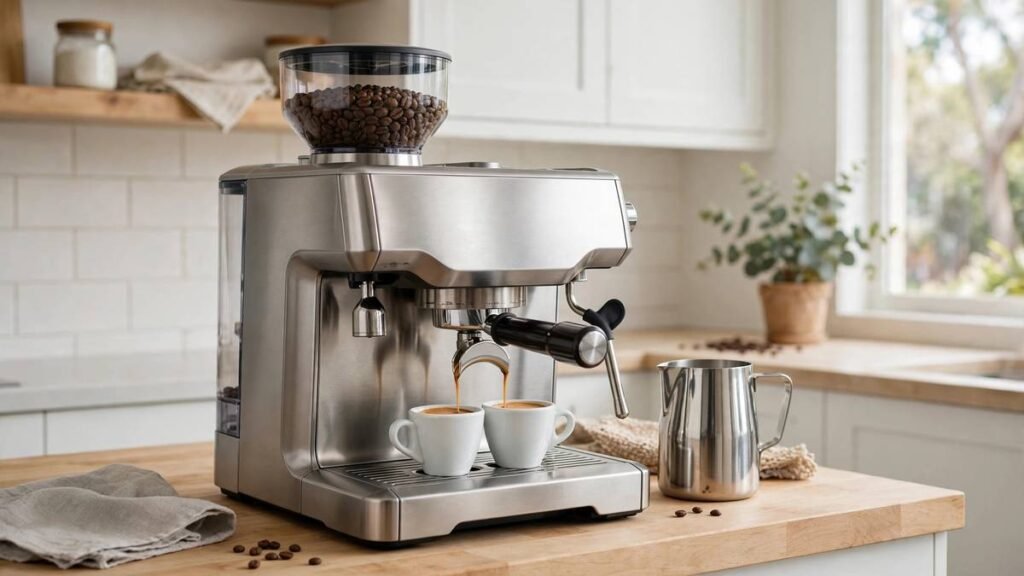 Brushed stainless steel espresso machine with bean hopper on top extracting espresso into two white cups with a steel milk jug beside it on a bright kitchen bench