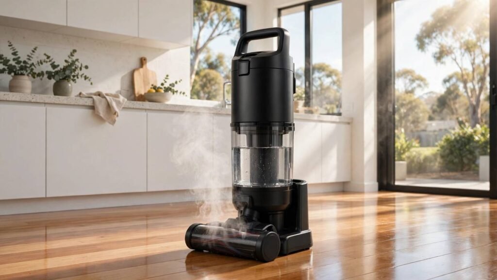 Black Roborock F25 Ultra Steam Gen 2 cordless wet-dry vacuum with steam rising from its roller head on timber floors in a bright Australian kitchen