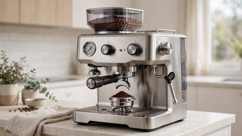 Brushed stainless steel Breville Barista Express Impress espresso machine with bean hopper, portafilter and steam wand on a bright kitchen bench