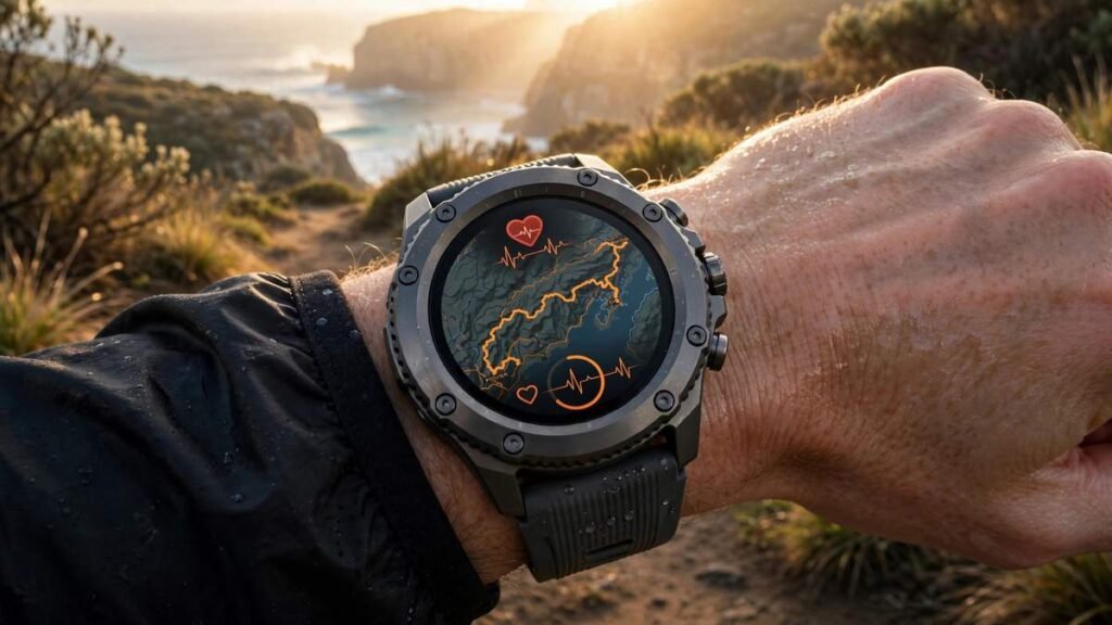 Rugged dark titanium Apple Watch Ultra-style smartwatch showing a trail workout map and heart rate metrics on a runner's wrist at sunrise on an Australian coastal trail