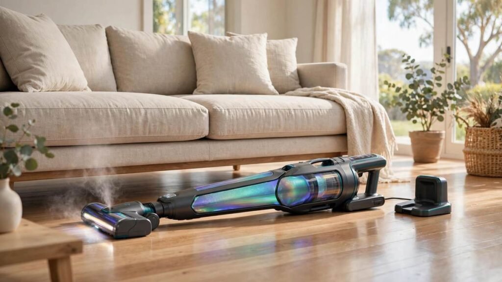Premium cordless wet-dry floor cleaner with aurora-iridescent accents lying flat beneath a sofa with steam rising, on light timber floors in a modern Australian living room
