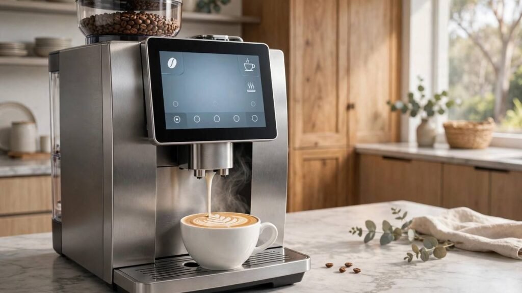 De'Longhi Eletta Ultra bean-to-cup coffee machine with brushed metal front pouring a latte into a ceramic cup on a marble kitchen benchtop in a modern Australian kitchen