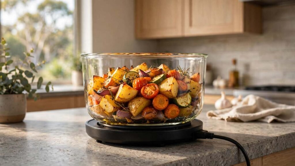 Ninja Crispi Pro glass air fryer with clear 5.7L CleanCrisp glass container full of roasted vegetables on a stone kitchen benchtop in a modern Australian kitchen