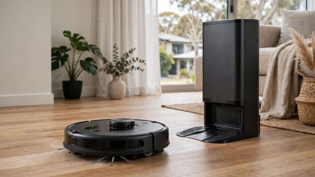 Roborock Saros 20 black robot vacuum cleaner beside its self-cleaning dock station on timber floors in a modern Australian living room