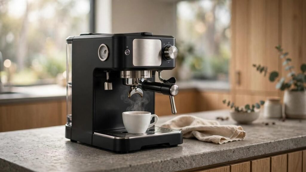 Russell Hobbs Heaton espresso machine in black with brushed stainless steel accents and a white espresso cup on a stone kitchen benchtop in a modern Australian kitchen