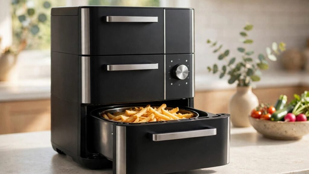Black Ninja DoubleStack XXXL 9.5L stacked 2-drawer air fryer with a drawer open showing crispy fries, on a bright Australian kitchen benchtop