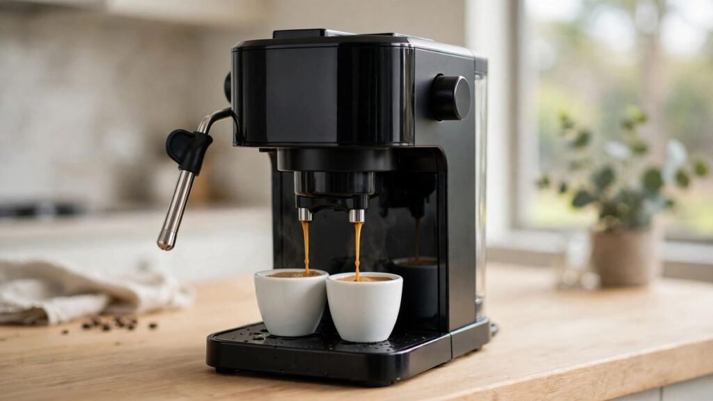 De'Longhi Stilosa EC230 black manual espresso machine pulling a shot into two cups on an Australian kitchen bench
