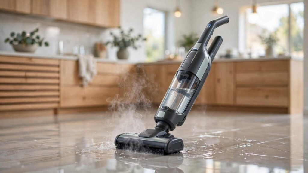 Dreame H15 Pro Heat wet and dry vacuum mopping a tiled Australian kitchen floor with steam rising from the hot-water brush head