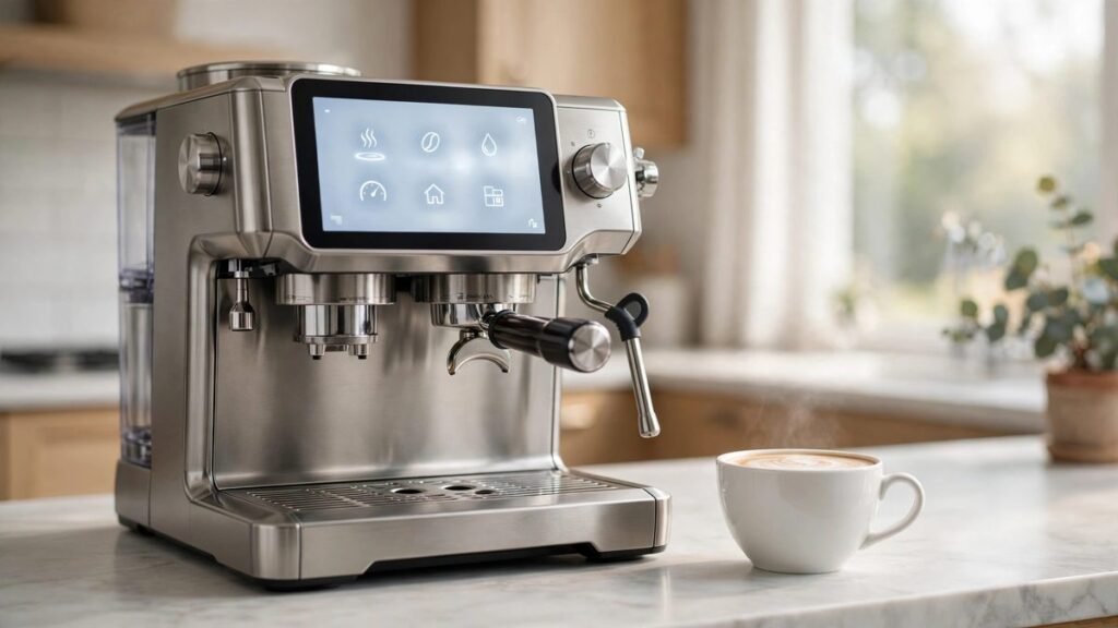 Breville the Oracle Jet espresso machine in brushed stainless steel with its touchscreen lit up, on an Australian kitchen bench beside a flat white
