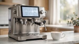 Breville the Oracle Jet espresso machine in brushed stainless steel with its touchscreen lit up, on an Australian kitchen bench beside a flat white