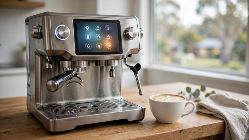 Breville Barista Touch Impress espresso machine in brushed stainless steel with its colour touchscreen lit up, on an Australian kitchen bench beside a flat white