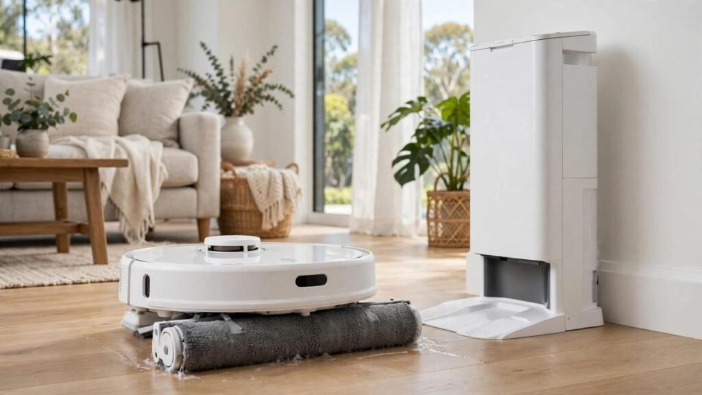 White Roborock Qrevo Curv 2 Flow robot vacuum with roller mop cleaning a timber floor next to its dock in a modern Australian living room