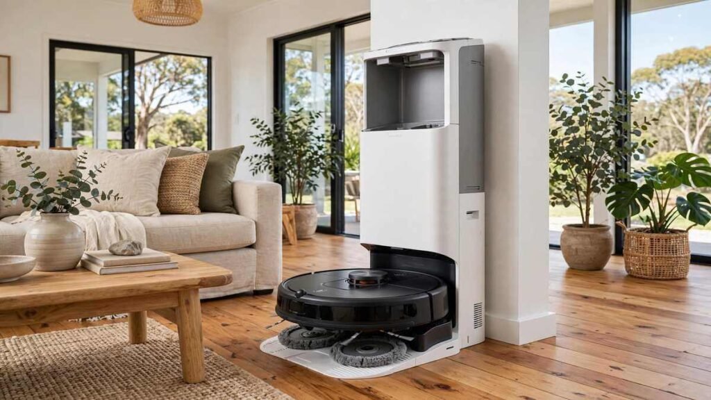 iRobot Roomba Plus 405 robot vacuum with spinning mop pads docked at its AutoWash station in a bright living room