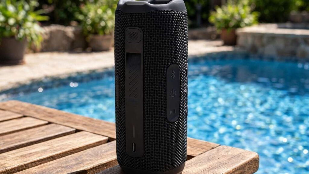 JBL Flip 7 portable Bluetooth speaker in black with fabric finish standing upright on a wooden poolside table