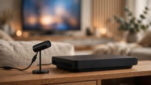 Small black cylindrical USB webcam camera on a stand beside a game console on a wooden TV unit