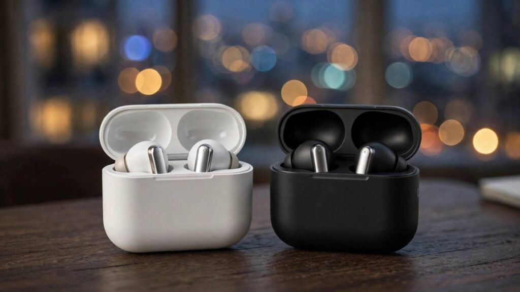 White and black Samsung-style wireless earbuds in open charging cases with metallic stems on a wooden desk with city lights in the background