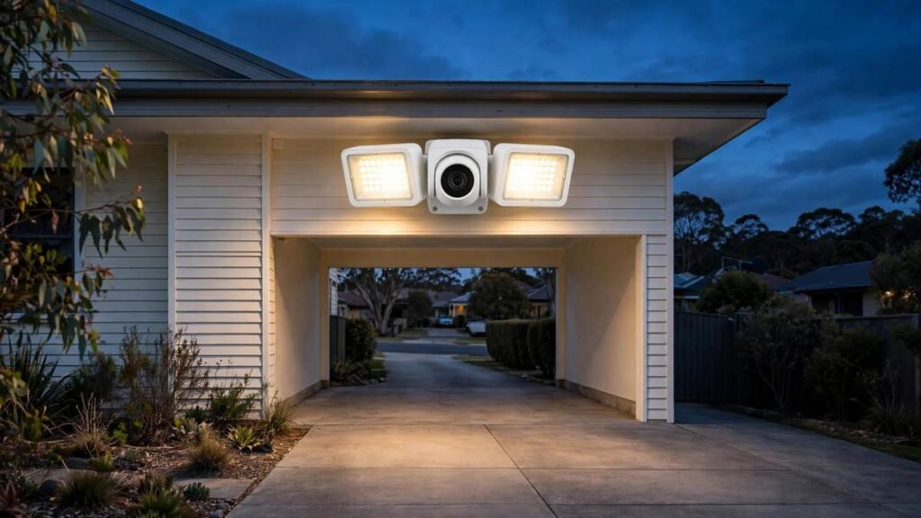White Ring Floodlight Camera 2K with dual LED floodlight heads mounted above a suburban driveway at dusk