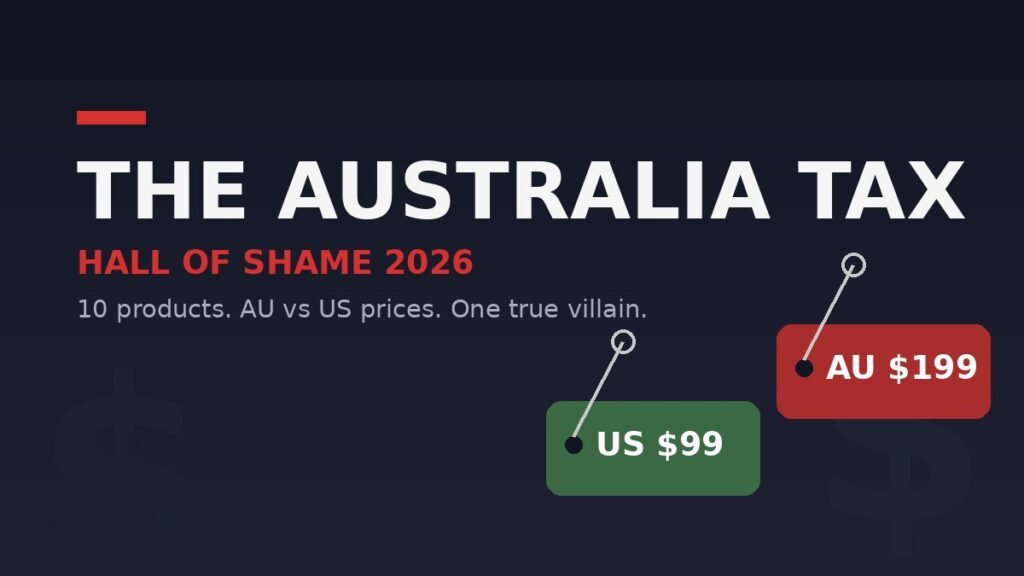 Editorial graphic showing price tags with US and Australian dollar symbols representing the Australia Tax on tech products