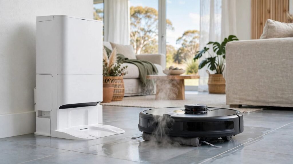 Black Dreame Aqua20 Ultra Roller robot vacuum with steam mop roller cleaning a tiled floor beside its tall white dock in a modern Australian living room