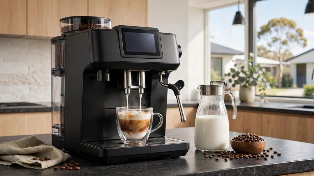 Black Jura J10 fully automatic coffee machine with touchscreen dispensing a flat white on a modern kitchen bench in a bright Australian home